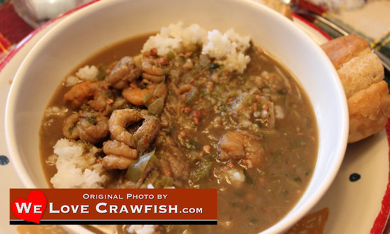 Photo of Louisiana seafood gumbo, with crawfish, shrimp, crab and okra