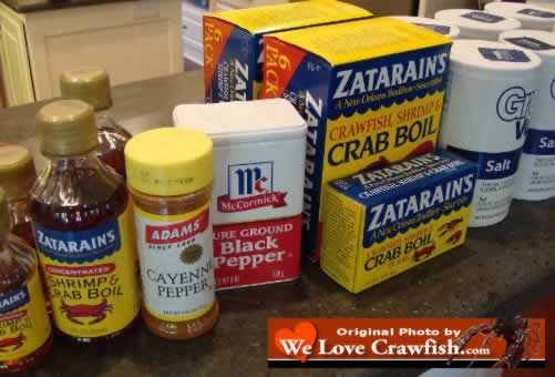Start gathering up the ingredients: Zatarain's Shrimp & Crab Boil, cayenne pepper, black pepper, salt, and the rest of the makings for the perfect crawfish boil!