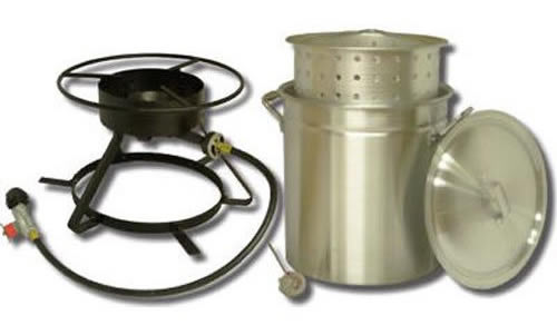 Crawfish boiling pot, baskeet and propane cooker