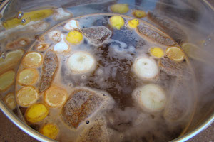 Crawfish pot full of ingredients