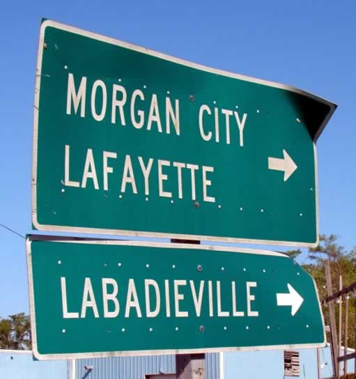 Louisiana highway sign near Morgan City, Lafayette and Labadieville