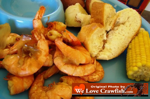 Fresh, boiled Gulf of Mexico shrimp, along with French Bread, corn on the cob and boiled potatoes